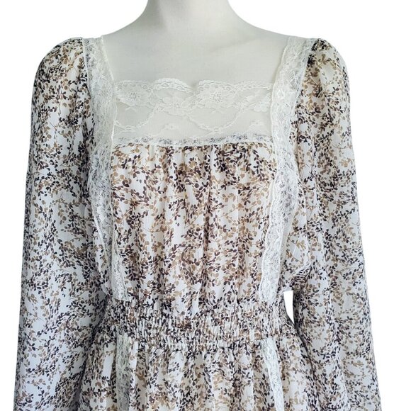 Candie's Cottagecore Floral Lace Trim Balloon Sleeve Semi sheer Peplum waist L - Picture 2 of 16